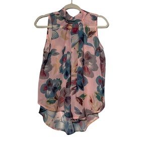 SHEIN Pink Floral Print Tie Back Halter Neck Sheer Sleeveless Blouse, Size M